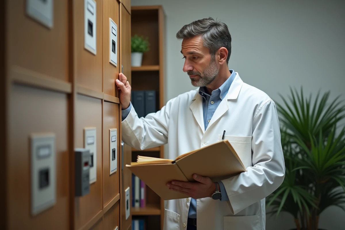 Medecin en coat blanc examinant des dossiers dans son bureau