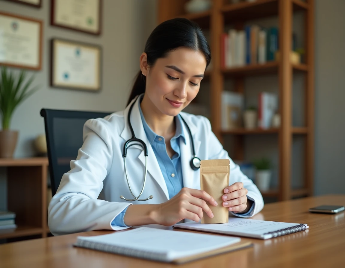 Médecin examinant un sachet de thé détox Lulutox lors d'une consultation médicale