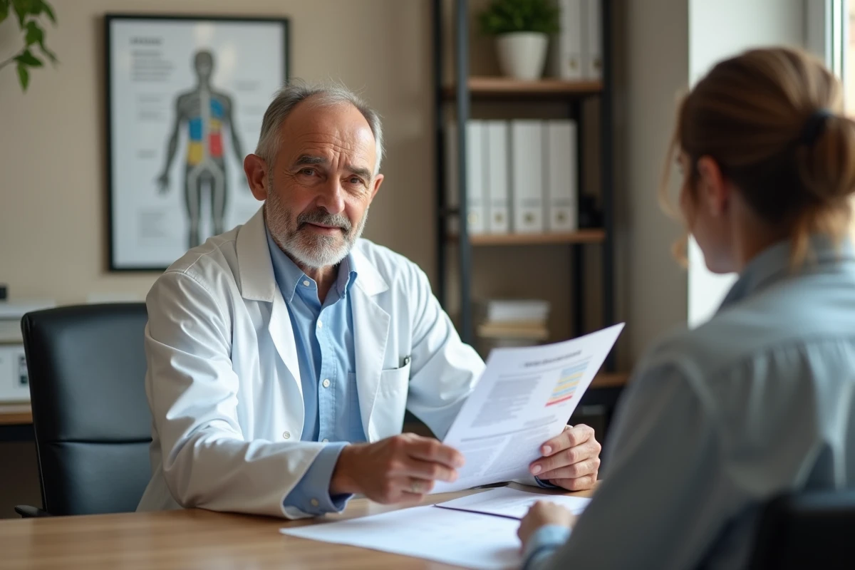 Médecin expliquant un rapport de santé à un patient concernant la baisse du taux de CDT en consultation