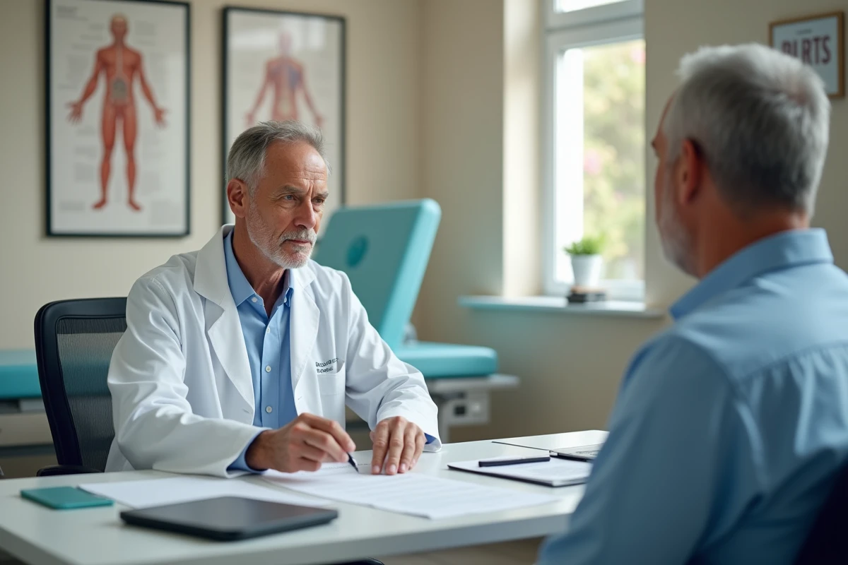 Médecin du travail présentant le formulaire de reconnaissance de maladie professionnelle tableau 57 à un patient souffrant de tendinopathie