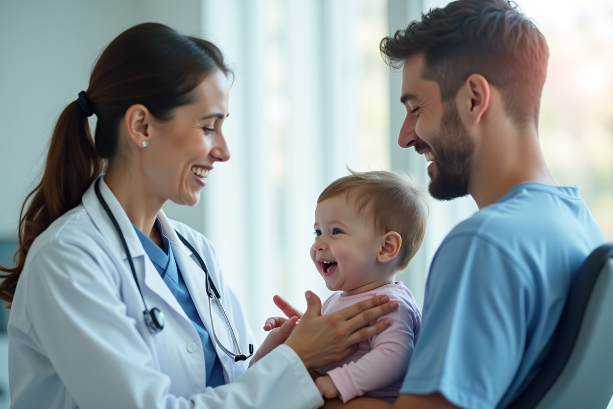 Medecin examine un enfant souriant dans une clinique lumineuse