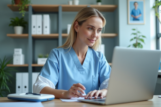 Médecin femme en blouse blanche utilisant un lecteur de carte dans un bureau moderne