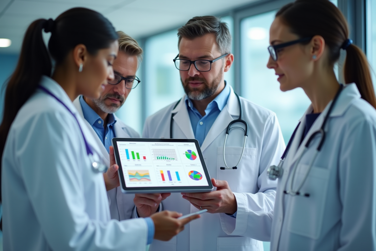 Groupe de médecins examinant un tableau de données biomarqueurs