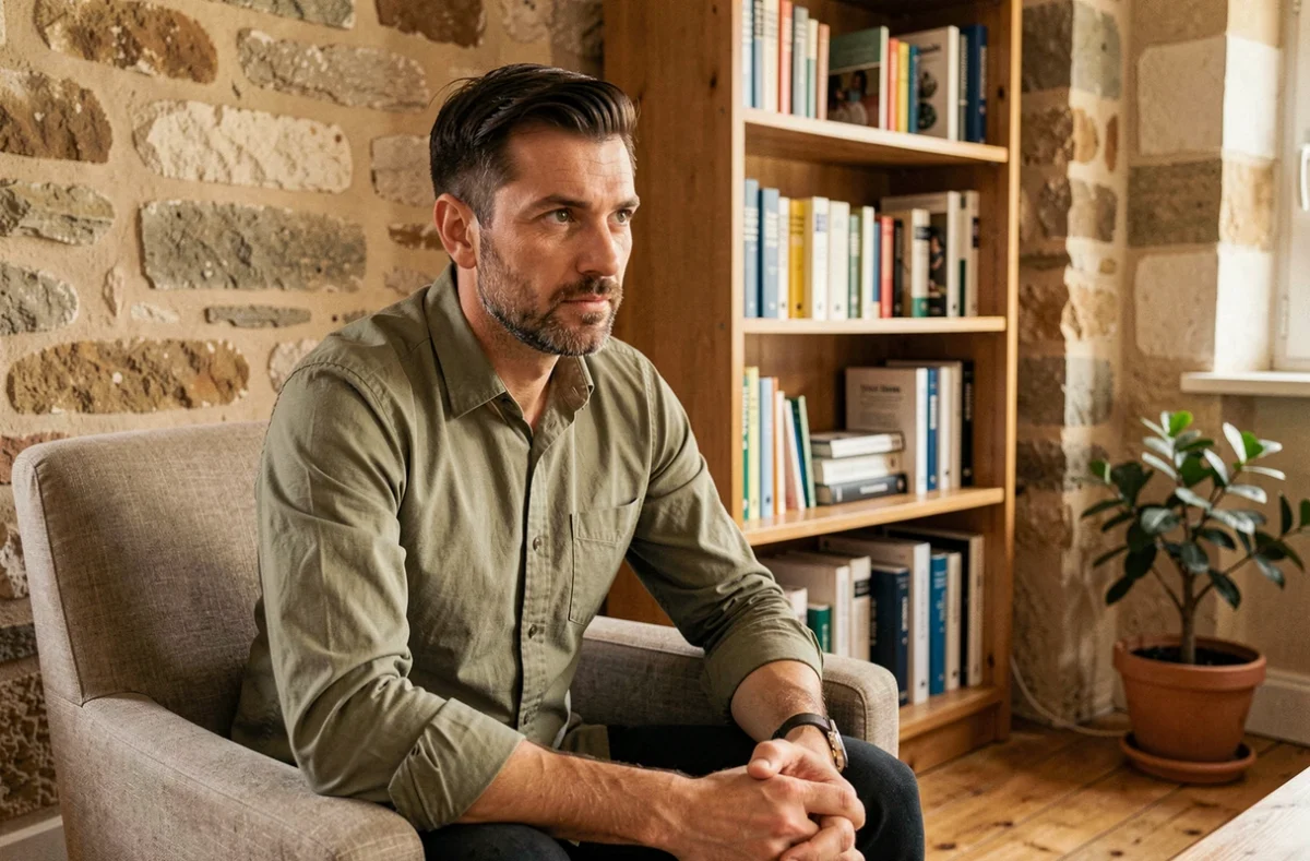 Mickael Quémerais, psychologue clinicien à Montréverd, en posture d'écoute dans un cabinet au cadre rural authentique