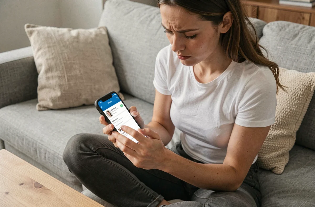 Jeune femme consultant et mettant à jour ses coordonnées adhérent sur smartphone depuis son salon