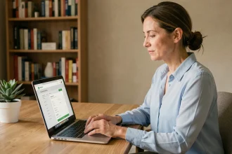 Femme mettant à jour ses coordonnées sur un espace adhérents en ligne depuis son bureau à domicile