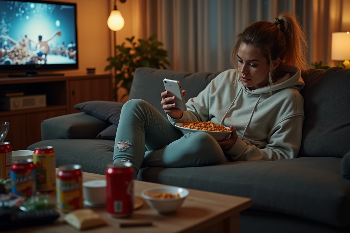 Femme sédentaire avec une alimentation sucrée et un mode de vie inactif pouvant aggraver les kystes ovariens
