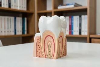 Modèle anatomique d'une dent en coupe montrant l'émail, la dentine, la pulpe et la racine sur un bureau d'étude médical