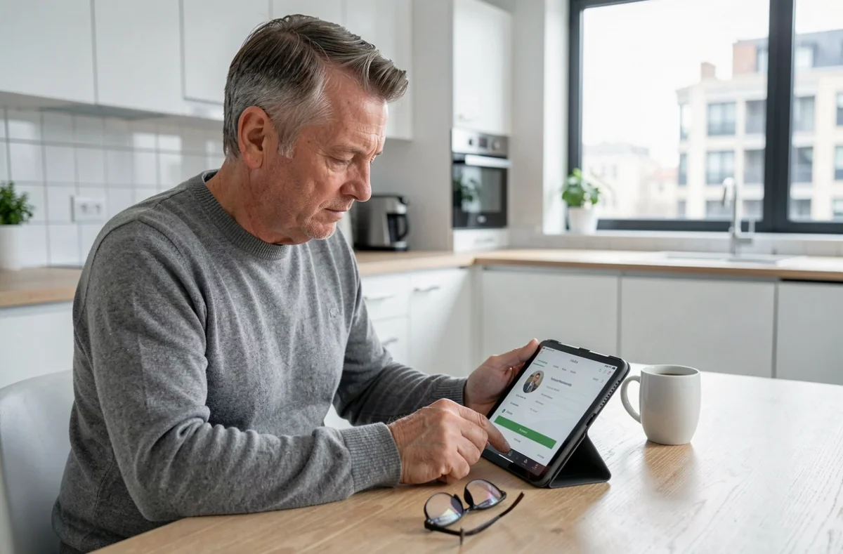 Homme utilisant une tablette pour modifier ses informations personnelles sur un portail adhérent en ligne