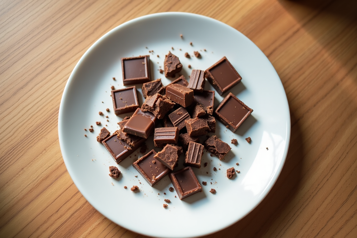 Morceaux de chocolat cassés sur une assiette blanche