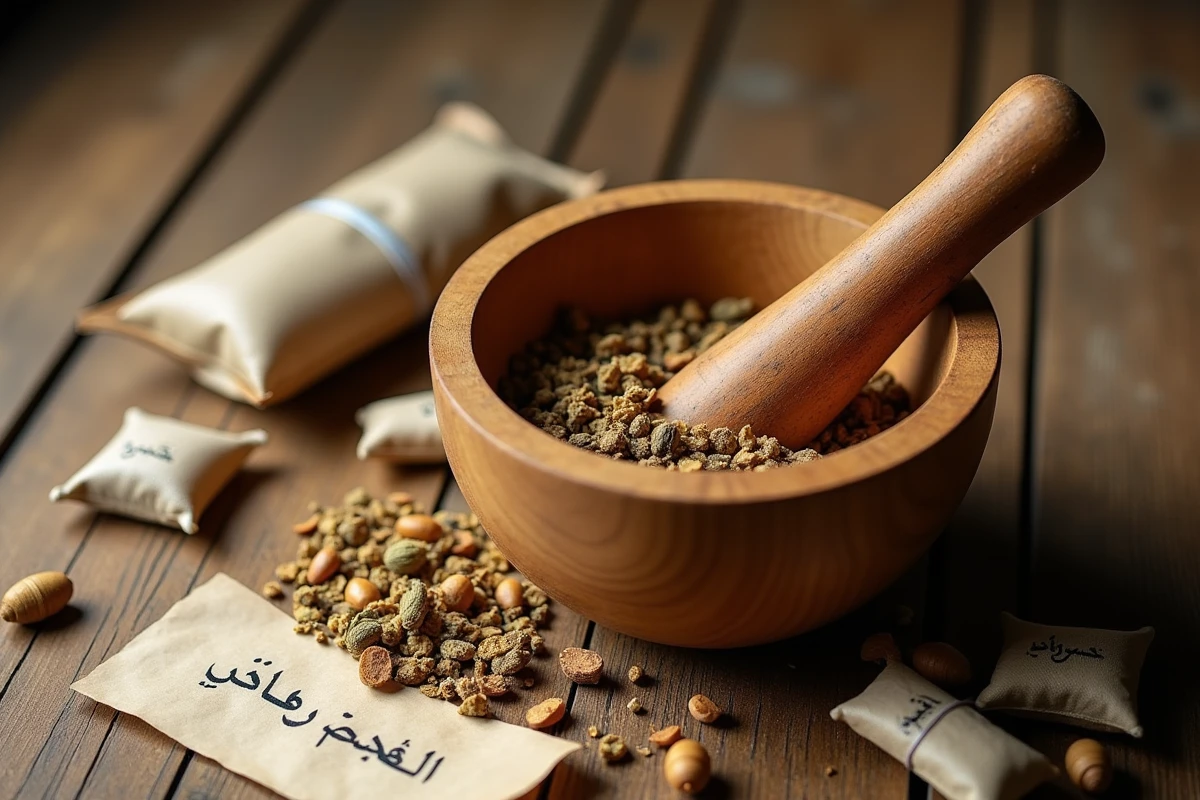 Mortier en bois avec costus indien broyé, sachets de plantes et note manuscrite arabe sur table en chêne