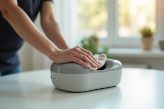 Personne nettoyant un pied massager avec un chiffon doux