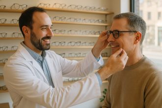 Opticien aidant un client à essayer des lunettes modernes dans une boutique lumineuse