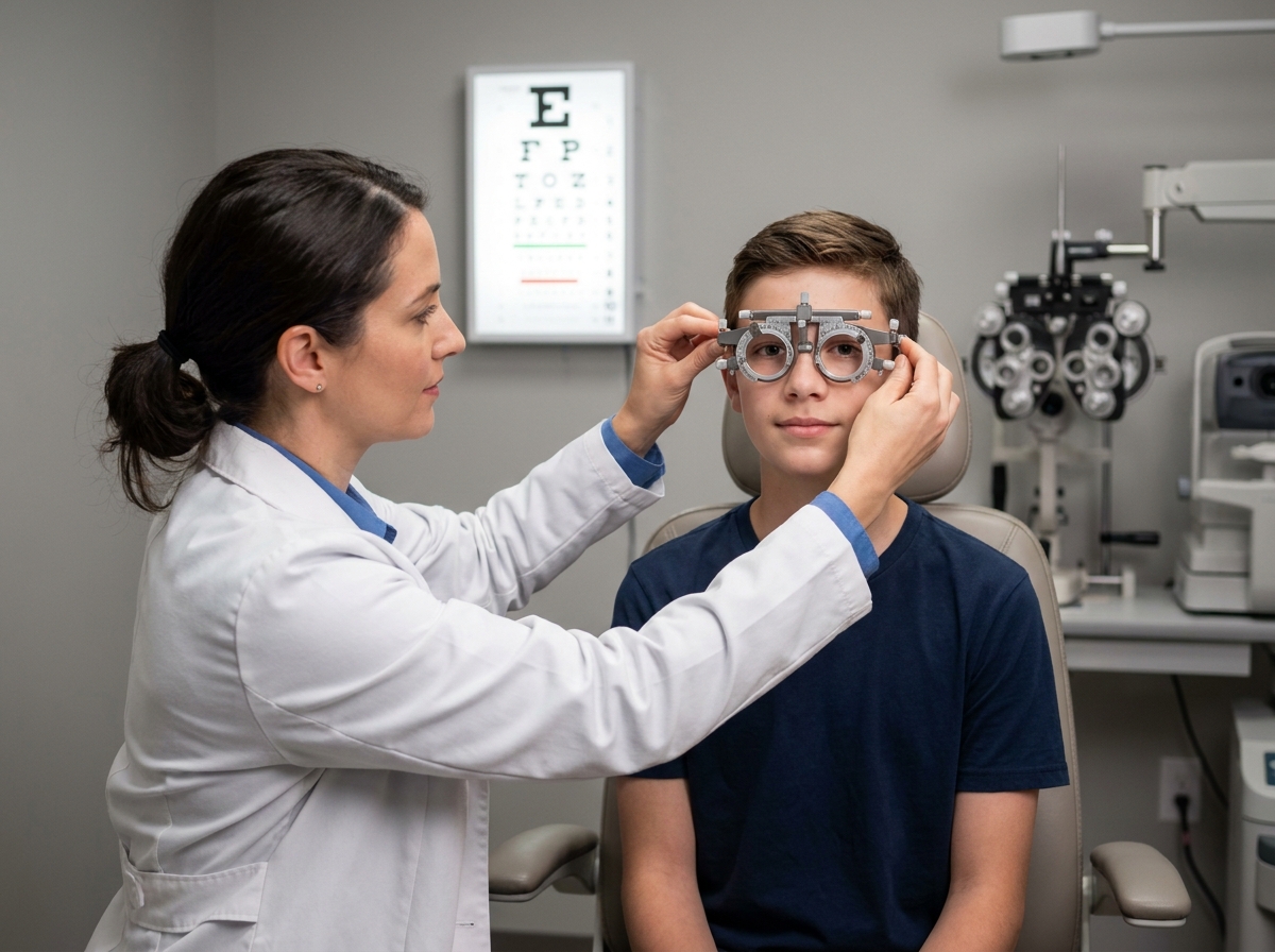 Opticienne ajustant une monture d'essai sur un adolescent lors d'un examen de la vue en cabinet