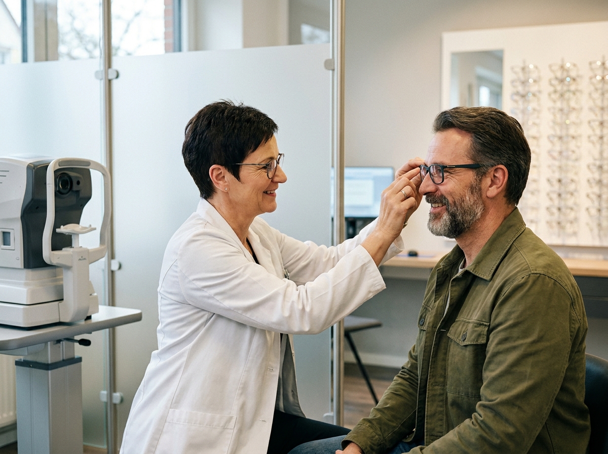 Opticienne ajustant des lunettes progressives sur un patient, consultation optique pour la presbytie après 40 ans