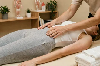 Ostéopathe effectuant un soin doux sur le sacrum d'une jeune femme allongée après accouchement