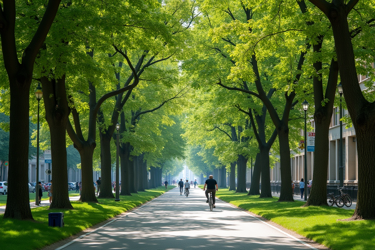Parc urbain avec arbres matures en ville ensoleillée