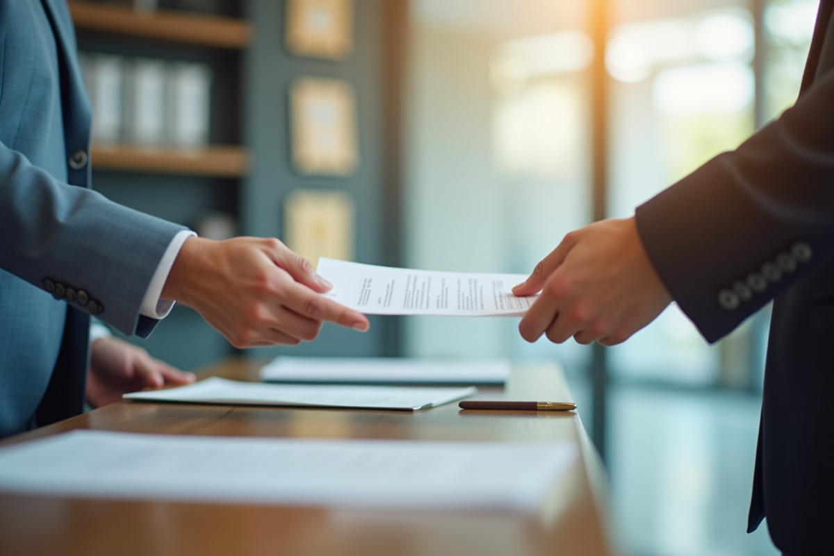 Main passant un document officiel dans un bureau moderne