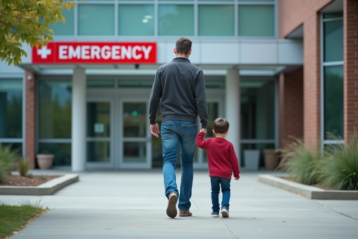 Jeune p&egrave;re avec enfant approchant l