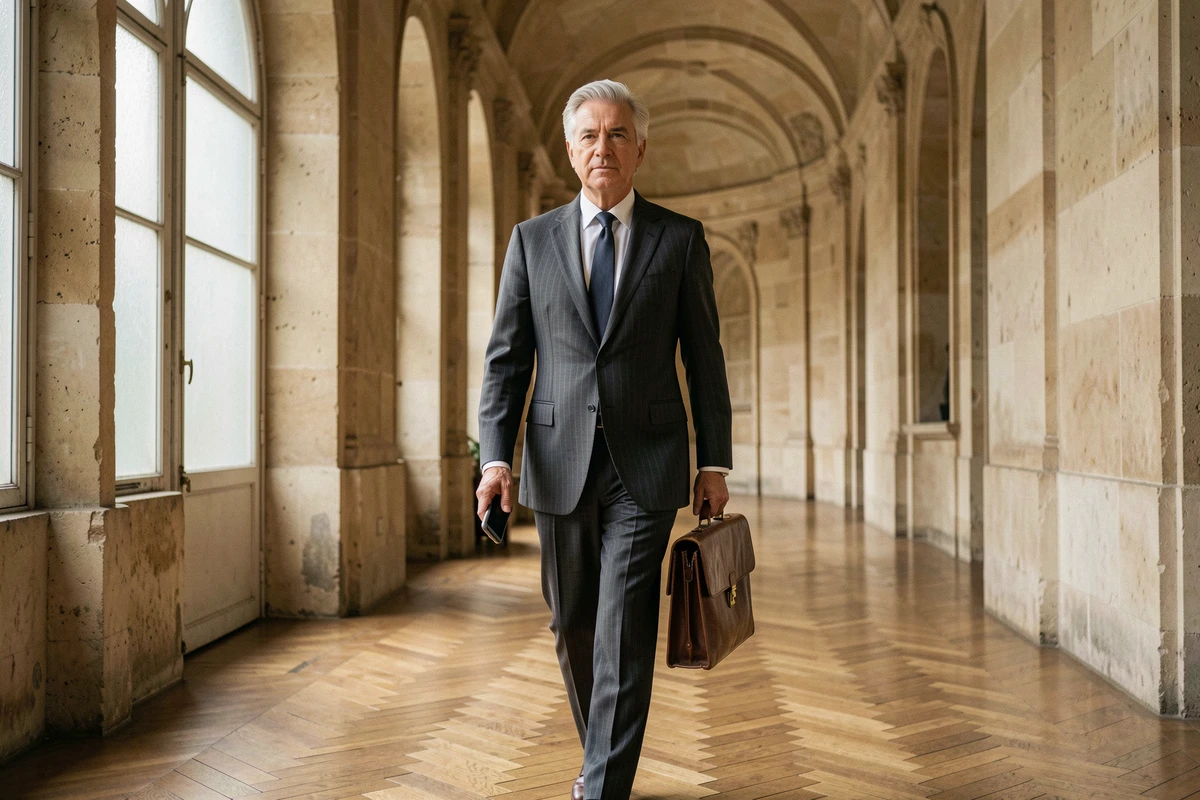 Homme en costume marchant dans un couloir institutionnel parisien, symbolisant une personnalité publique dont l'état de santé est scruté
