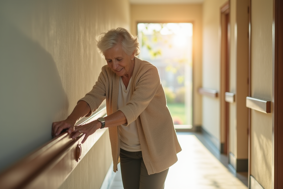 Femme agee se tenant au rampe dans un couloir ensoleille