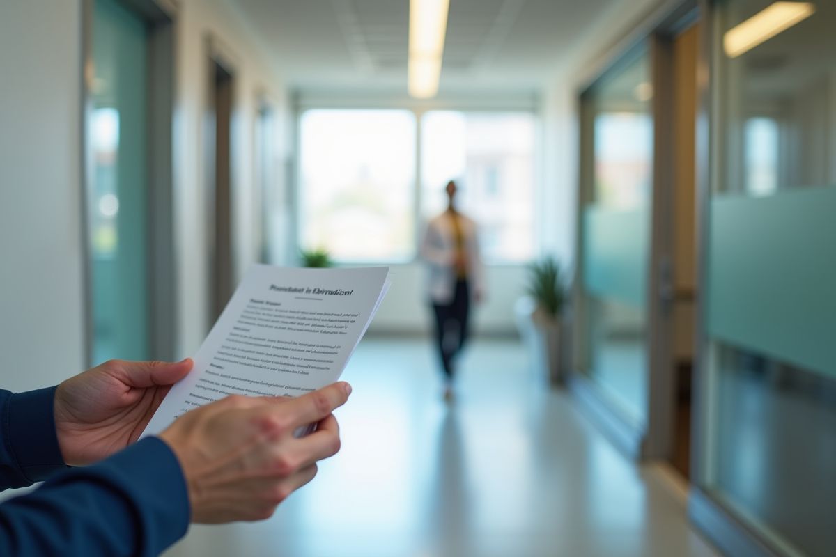 Personne tenant un document de recommandation dans un couloir lumineux