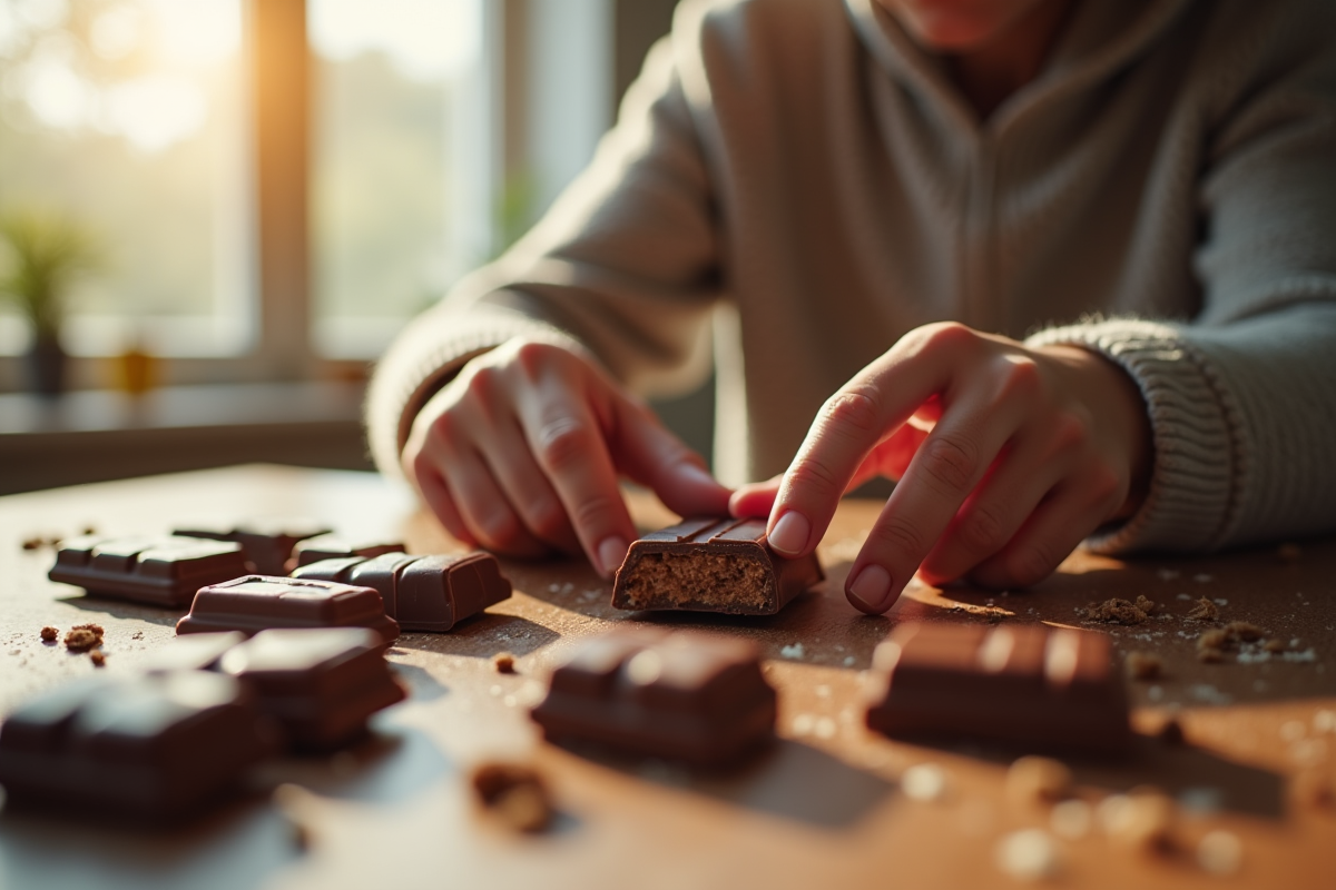 Personne hésitant sur du chocolat au matin lumineux