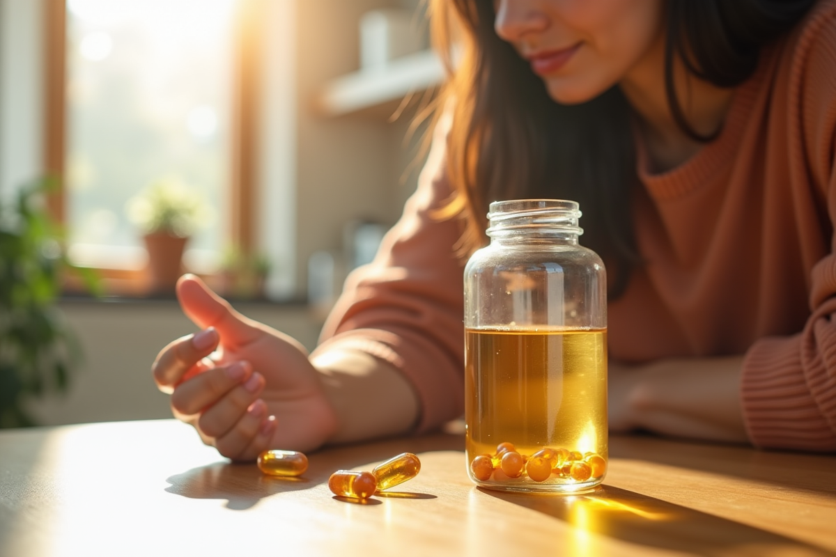 Personne tenant une bouteille de vitamine D3 au soleil