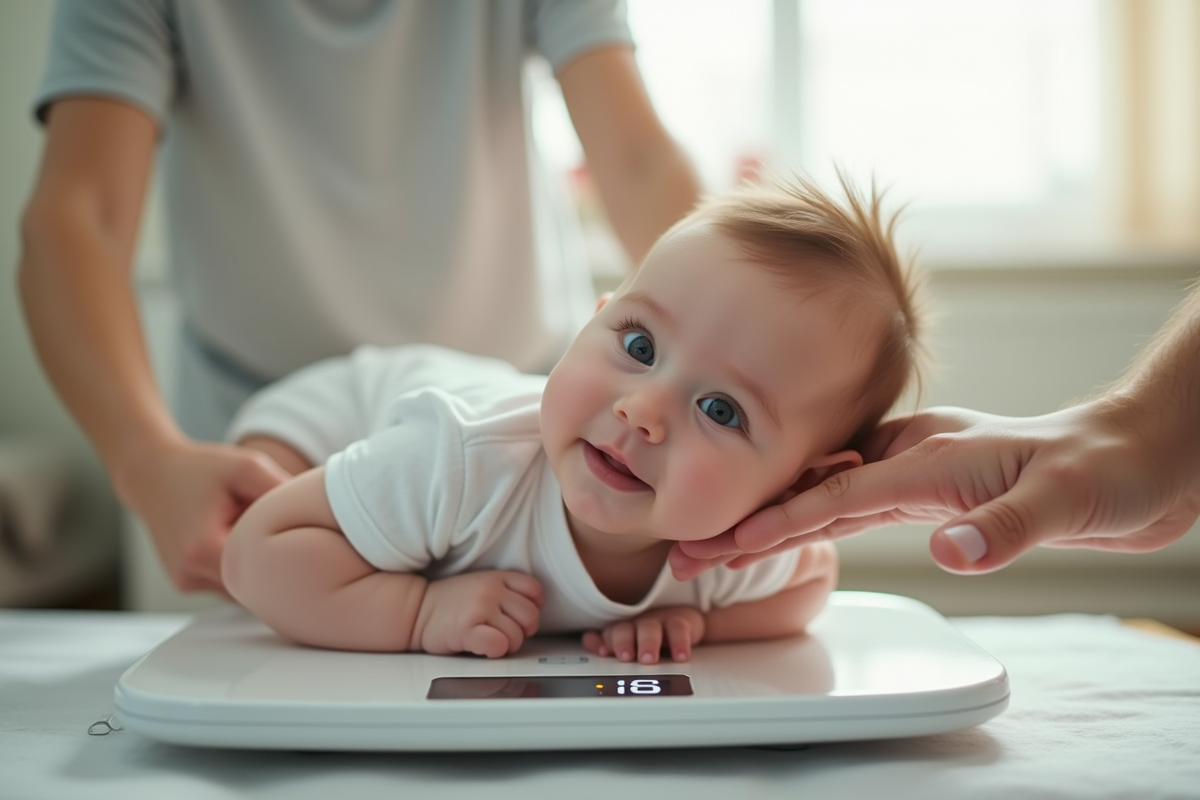 Parent pesant un bébé sur une balance numérique moderne