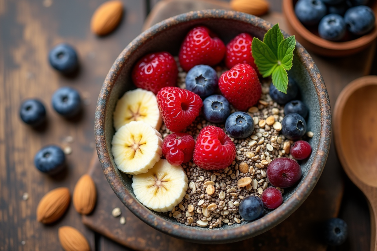 Bol de petit déjeuner avec fruits et graines sur table en bois