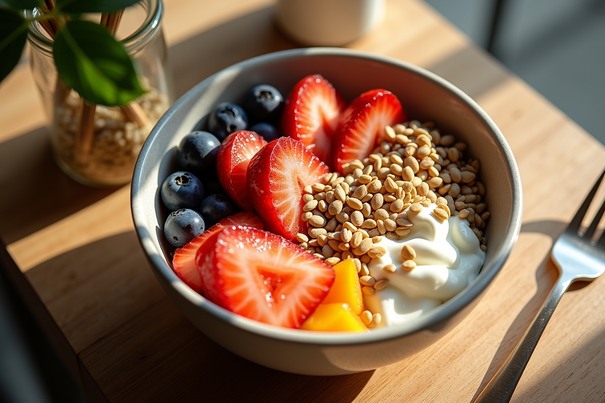 Bol de petit déjeuner sain avec fruits et yogourt en lumière naturelle