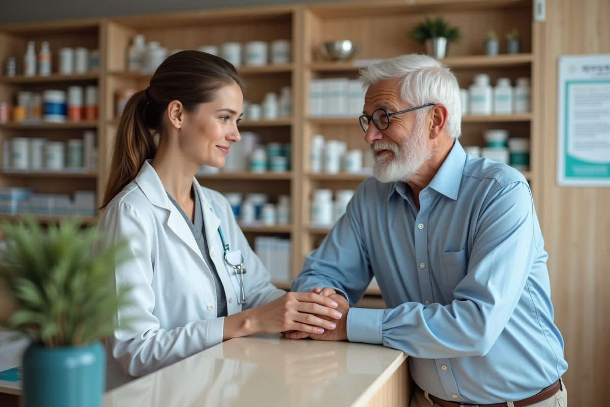 Pharmacienne et patient dans une pharmacie accueillante