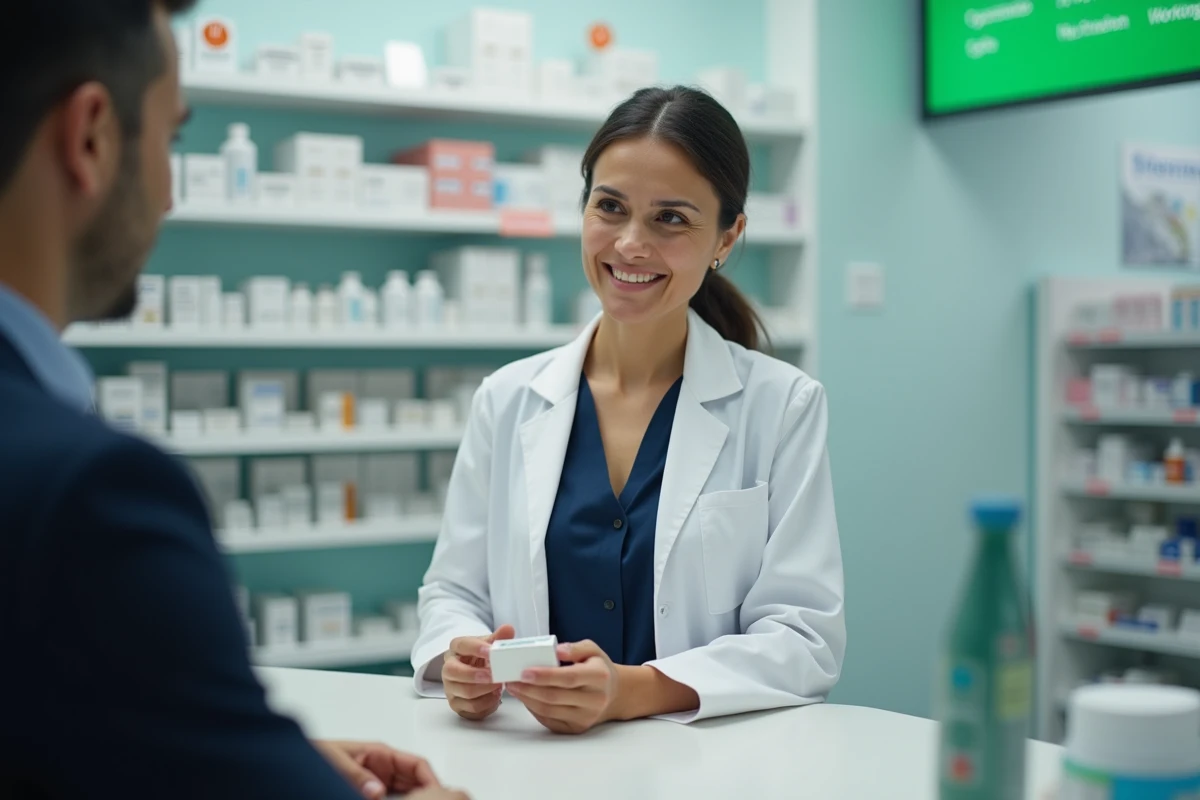Pharmacienne expliquant un traitement contre la constipation douloureuse à un patient au comptoir d'une pharmacie