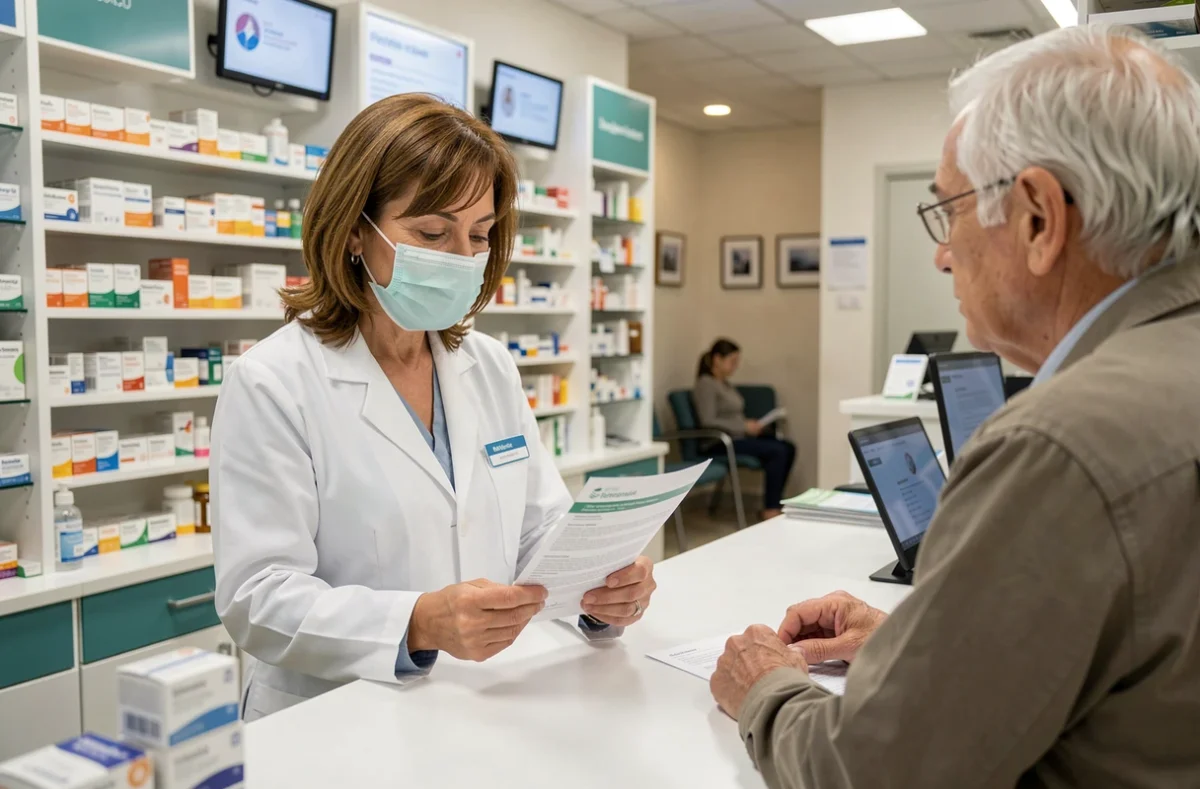 Pharmacienne en blouse blanche et masque expliquant des gestes barrières contre le Covid 2026 à un client âgé au comptoir d'une pharmacie