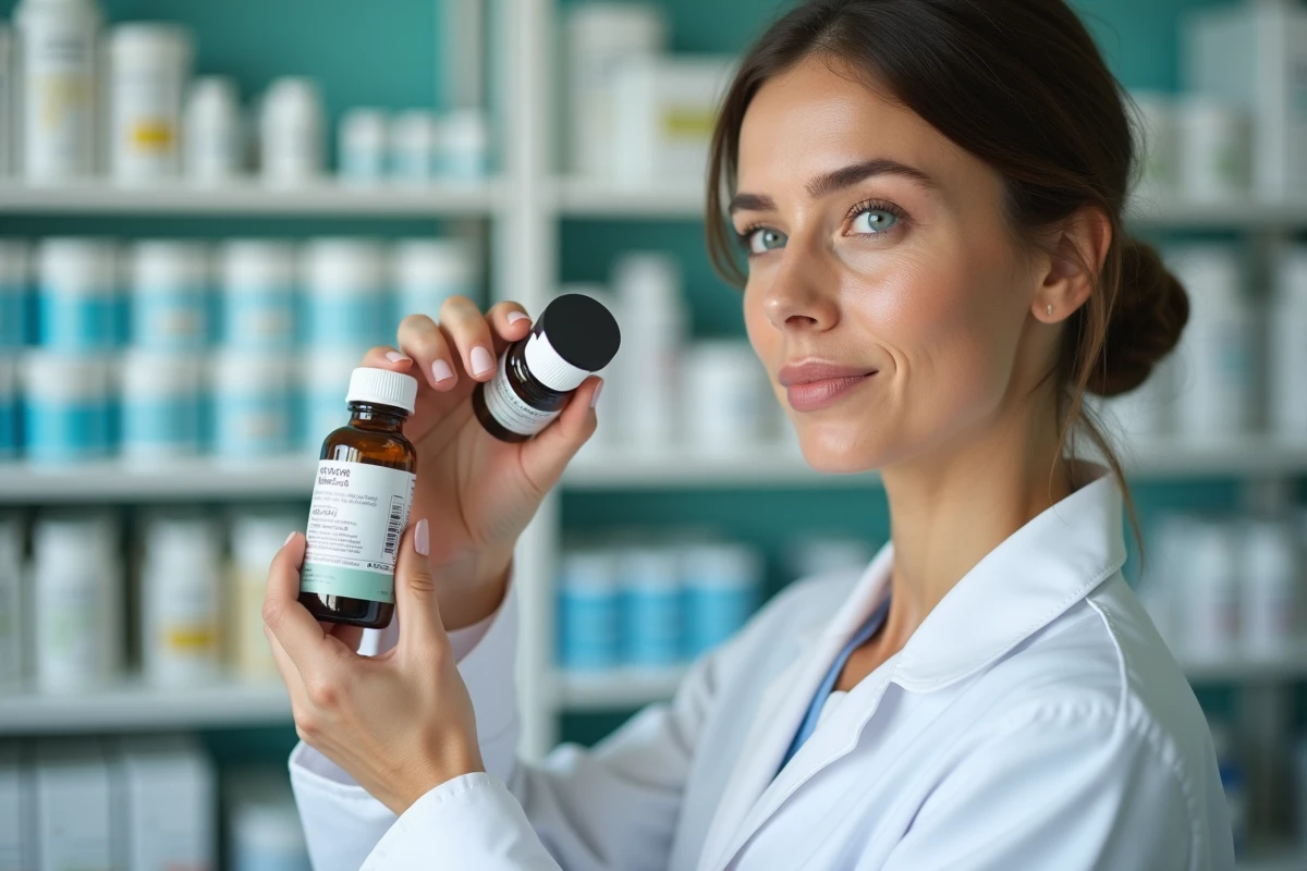 Pharmacienne en blouse blanche examinant un flacon de phytothérapie à base d'argile concentrée