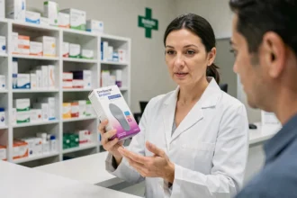 Pharmacienne expliquant une semelle Akusoli à un client au comptoir d'une pharmacie
