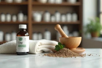 Flacon de Phytargile concentré posé sur un comptoir de pharmacie avec mortier et plantes médicinales