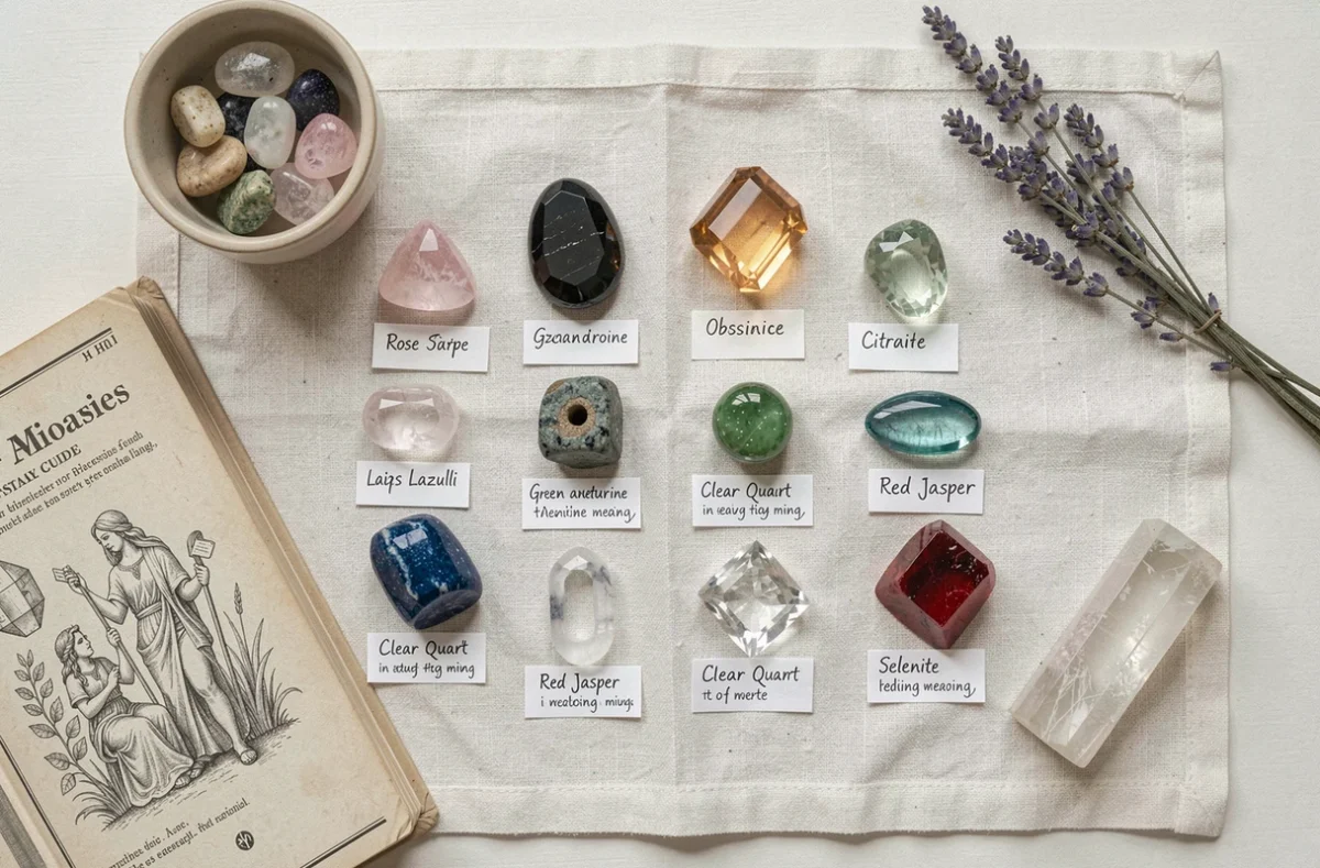 Planche de pierres naturelles étiquetées avec leur signification pour apprendre la lithothérapie en tant que débutant