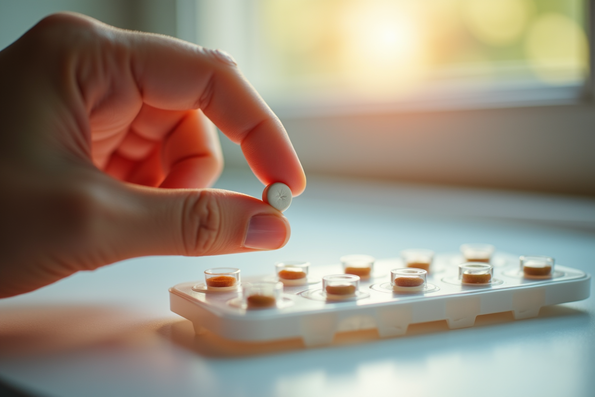 Gros plan d'une main tenant une pilule antihistaminique au-dessus d'un organisateur