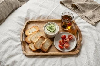 Plateau de biscottes avec ricotta et concombre posé sur un lit blanc pour un repas du soir léger et rassasiant