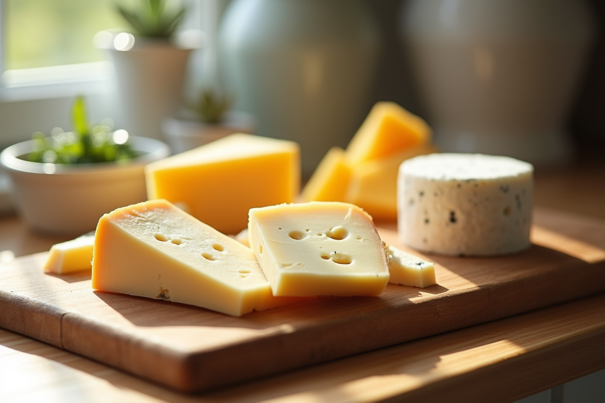 Sélection de fromages artisanaux sur un plateau en bois dans une cuisine lumineuse