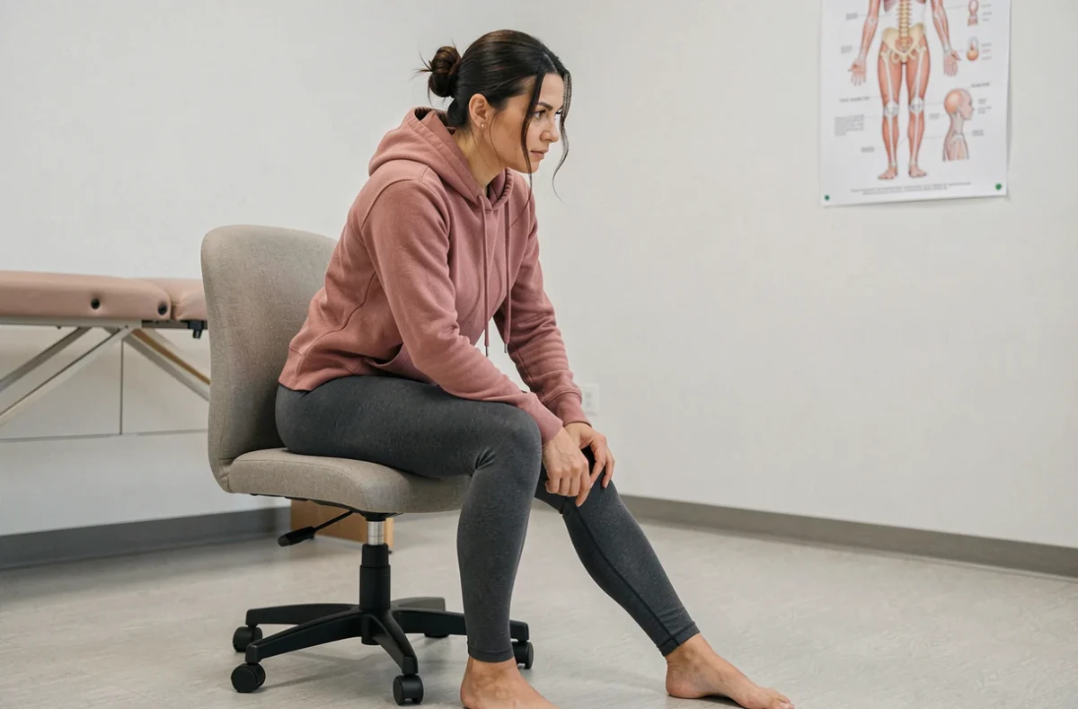 Femme en position assise corrigée sur une chaise ergonomique pour soulager la douleur sciatique du côté de la jambe touchée