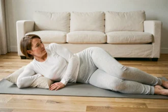 Femme allongée sur le côté sur un tapis de yoga avec un coussin entre les genoux pour soulager la sciatique
