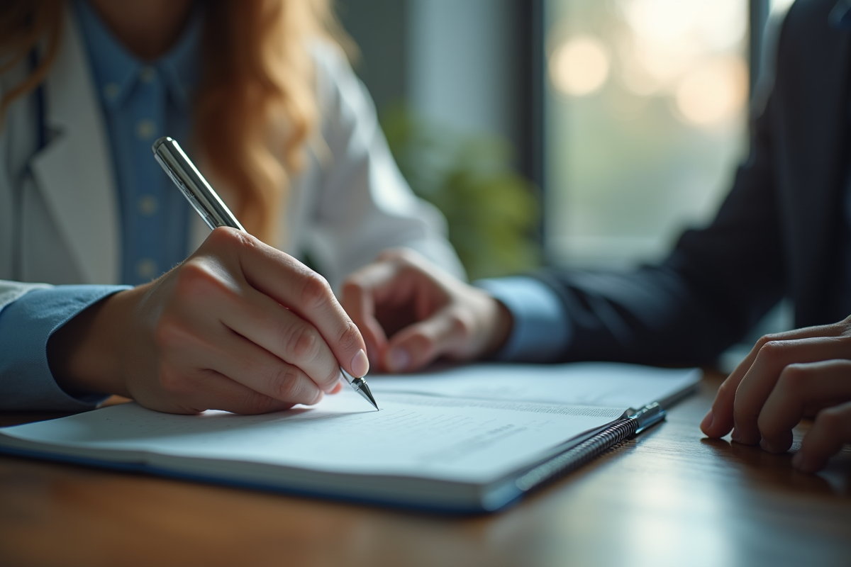 Gros plan sur les mains du psychiatre prenant des notes dans un bureau chaleureux