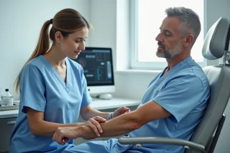 Infirmière prélevant du sang sur un patient pour une analyse LDH en cabinet médical