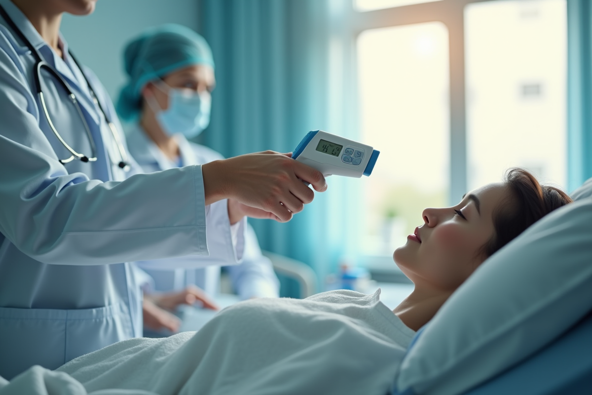 Médecin vérifiant la température d'un patient dans une chambre lumineuse