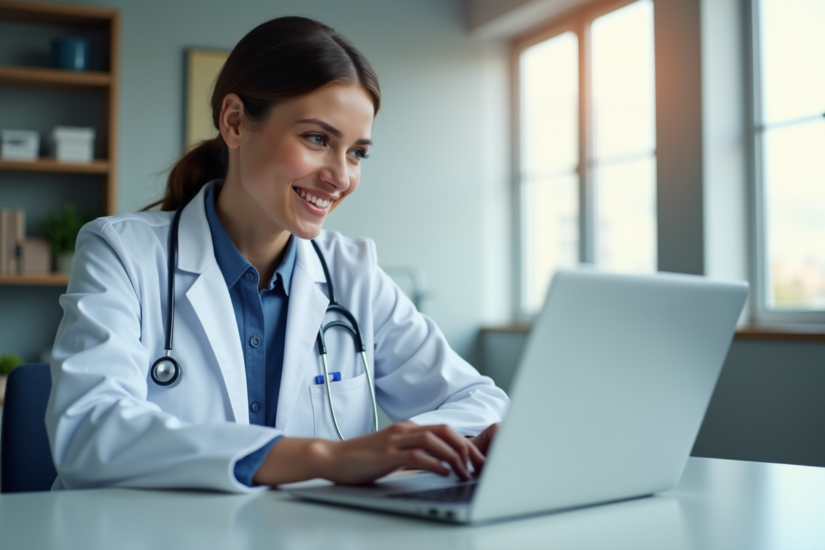 Professionnel de santé souriant utilisant un ordinateur dans un bureau moderne