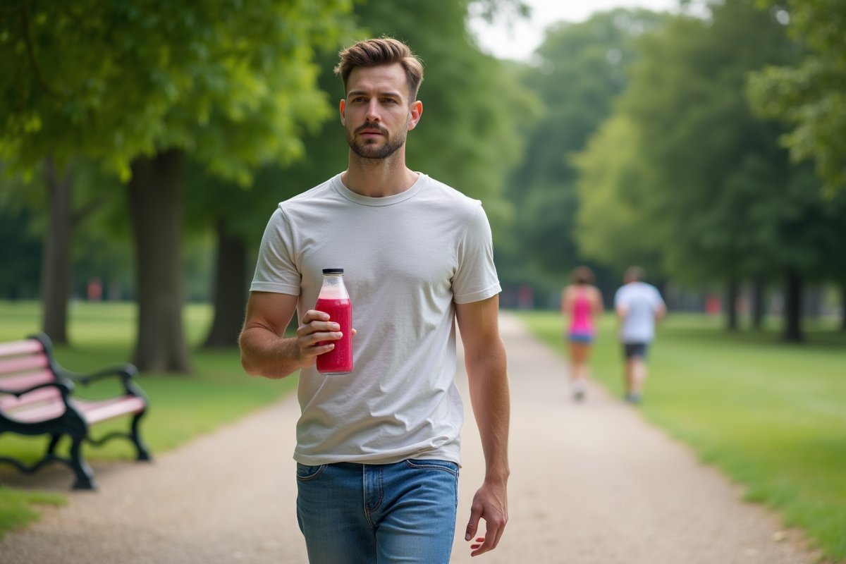 Homme marchant dans le parc avec une bouteille de smoothie aux fruits