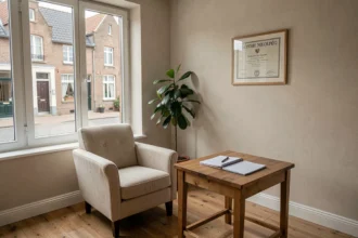 Cabinet de psychologue en Vendée avec fauteuil confortable, bureau en bois et plante verte dans une atmosphère calme et professionnelle