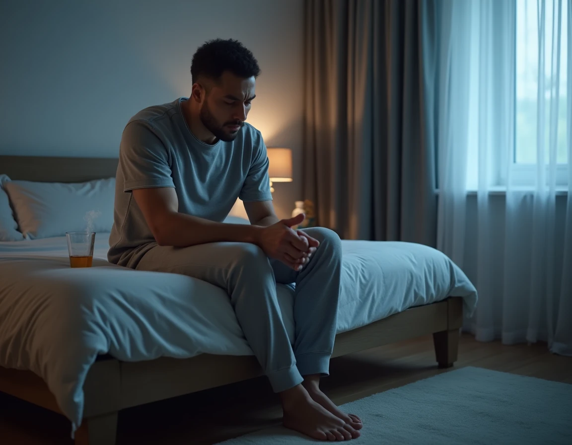 Homme assis au bord du lit la nuit pendant une quinte de toux, humidificateur et eau citronnée au miel sur la table de chevet